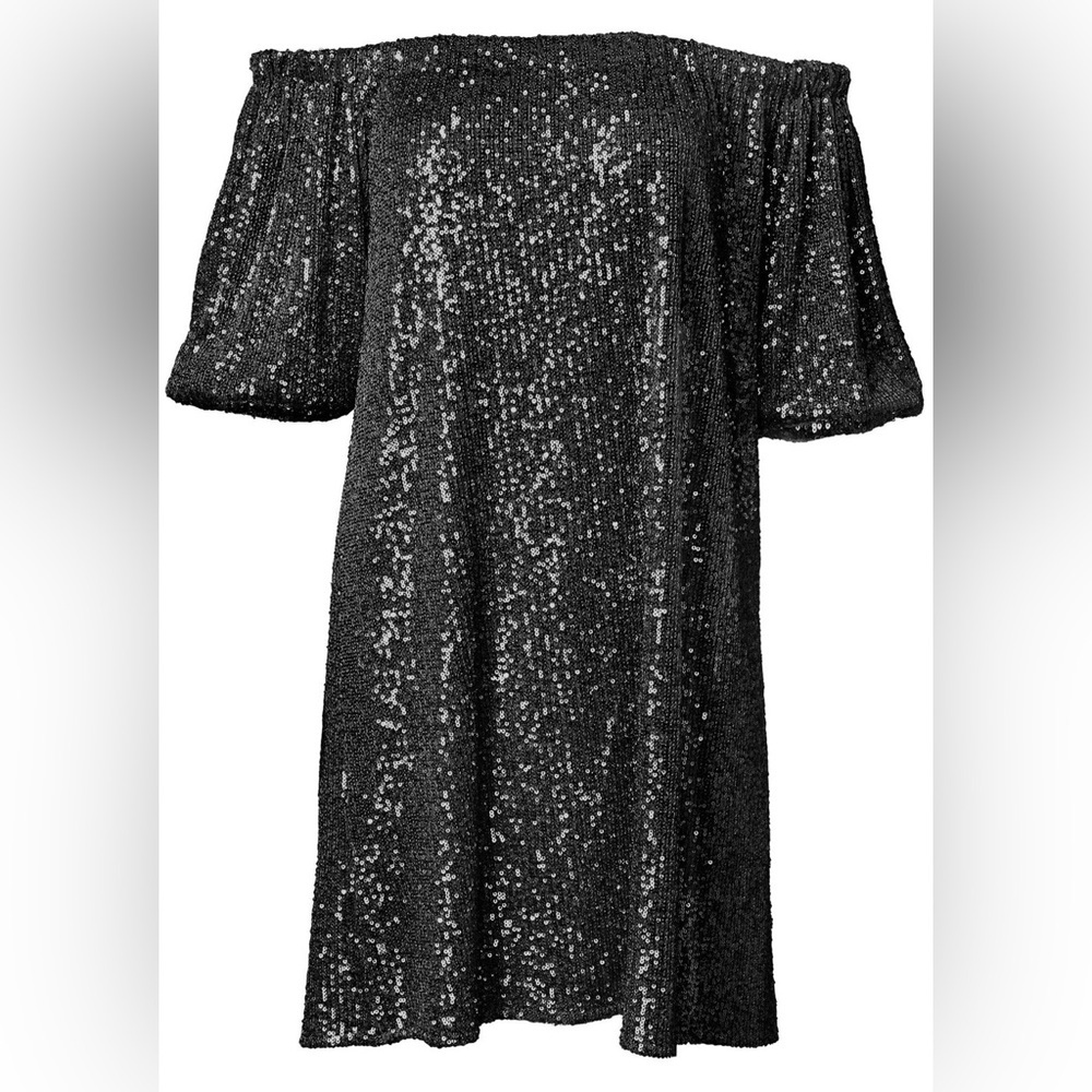 VENUS Black Sequin Off Shoulder Dress NWT Glam Party Cocktail Size L - Picture 2 of 4